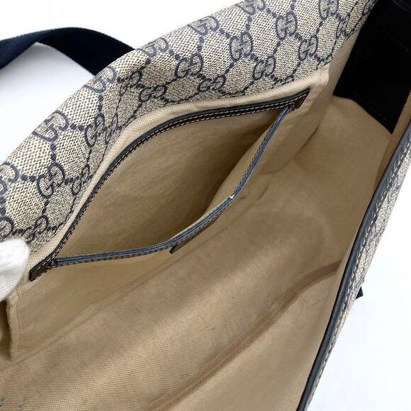 Authentic Gucci GG Logo Plus Supreme Messenger Bag Monogram Flap Tote Tan Navy - Picture 7 of 10